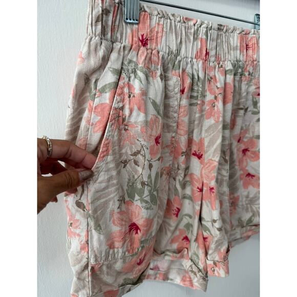 Briggs Cream Pink Floral Boho Chic Linen Paperbag Shorts Sz SM Cottage Coastal - Picture 2 of 7